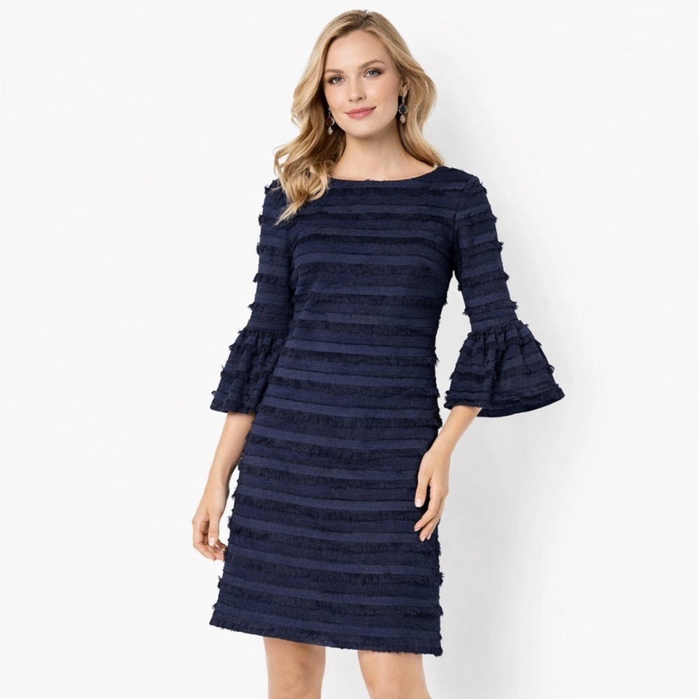 Club Monaco Alannah Dress Fringe Stripes Navy Blue 3/4 Bell Sleeves Size 00